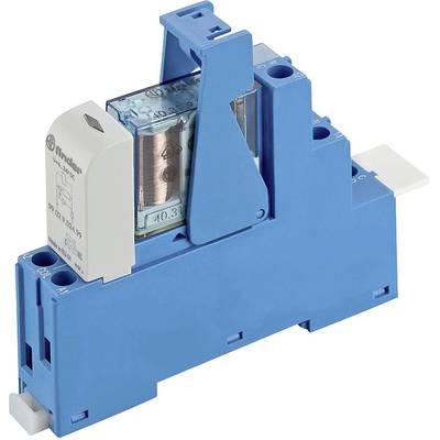 Egy kék elektromos relé, amelynek látható réztekercses mechanizmusa és fehér csatlakozója van jobb oldalon. Márkalogó a bal oldalon.