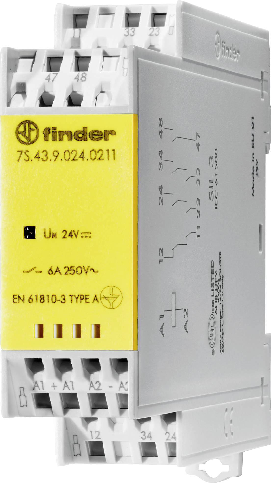 Egy Finder típusú relé, '7S.43.9.024.0211' nyomtatvánnyal, alkalmas 24V és 250V~ mellett 6A terhelhetőséggel, A típusú az EN 61810-3 szabvány szerint.