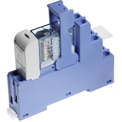 Egy átlátszó házú kék relé modul, amely elektromos áramköröket vezérel.