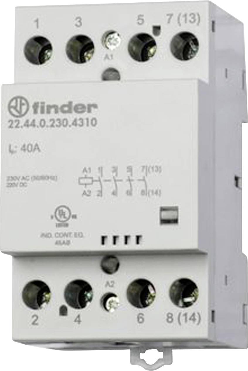 Elektromos relé, 'Finder 22.44.0.230.4310' típus, 40A, különböző csatlakozó kapcsokkal és modellspecifikus jelölésekkel.