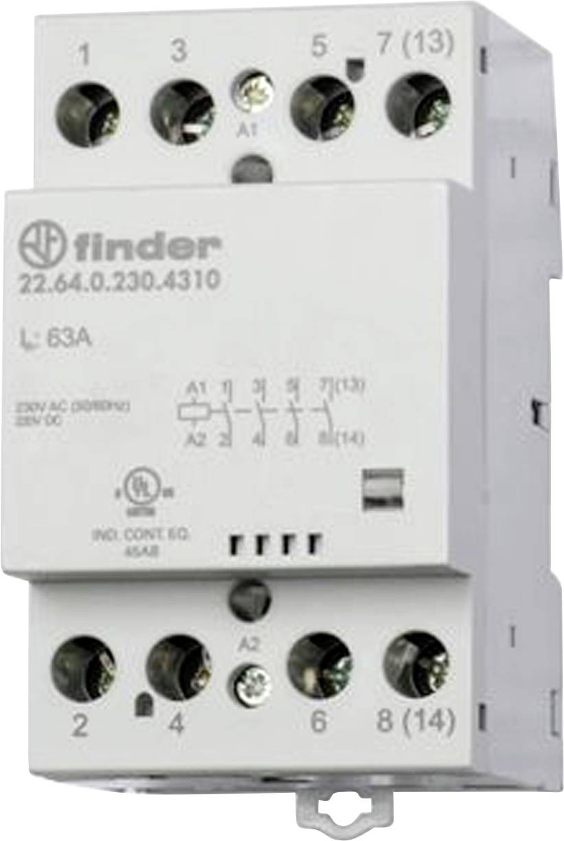 Egy fehér Finder relé modell 22.64.0.230.4310, nyolc csatlakozóval és elektromos csatlakozásokat jelölő feliratokkal. 63A terhelésre alkalmas.