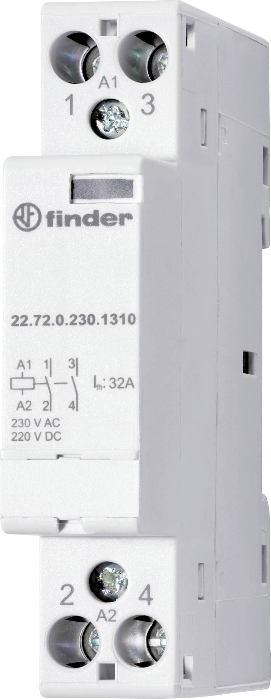 Négy csatlakozókapoccsal rendelkező elektromos relé modul, márkalogóval és modellszámmal látható. Alkalmas 230 V AC, 220 V DC, 32 A feszültséghez.