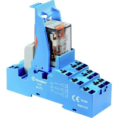 Egy kék Finder-relé, amelynek felirata 'TYPE 94.P3', különböző csatlakozókapcsokat mutat. 10A és 250V teljesítményre van tervezve.