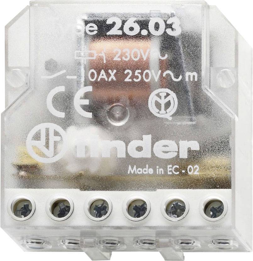 'Finder relé 26.03, 230V AC, 250V 10AX' átlátszó házon. Hat csatlakozó csavar az alsó oldalon.