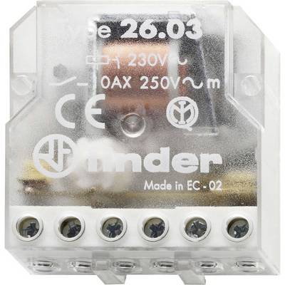 'Finder relé 26.03, 230V AC, 250V 10AX' átlátszó házon. Hat csatlakozó csavar az alsó oldalon.