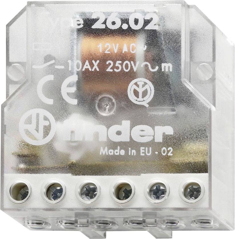Finder 26.02 típusú relé, 12V AC, 10AX, 250V. Átlátszó ház, mutatja a belső mechanikát. Gyártva az EU-ban.