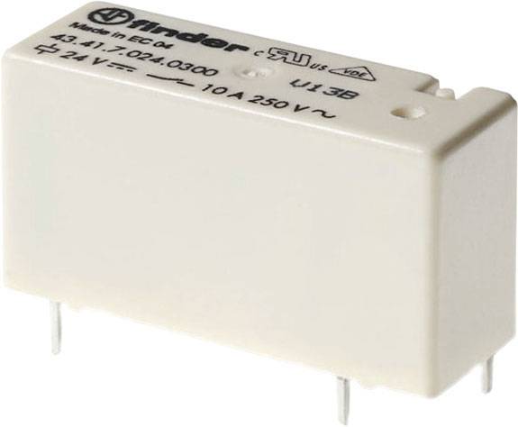 Téglalap alakú, bézs színű relé fémcsatlakozókkal, felirata: 24V, 10A 250V. Elektronikai áramkörökben történő felhasználásra alkalmas.