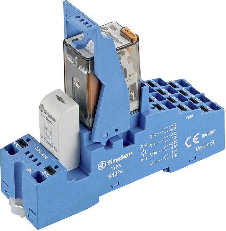 Finder kék relé modul, 94.04-es típus, átlátszó fedéllel és az elektromos specifikációt jelző feliratokkal az oldalán.