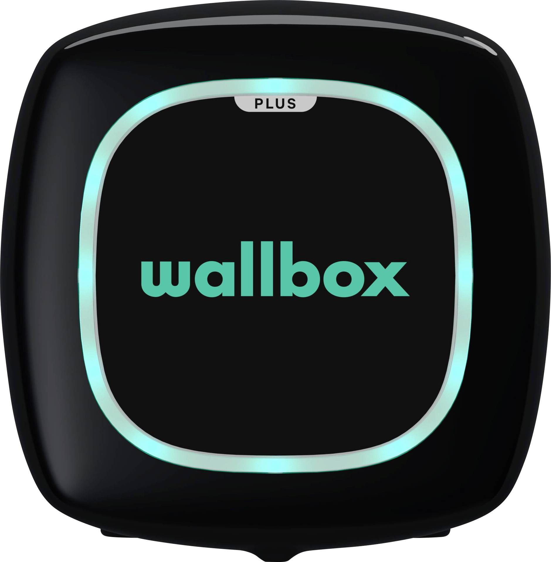 Fekete fali töltőállomás 'wallbox' felirattal, zölden világító LED-gyűrűvel és a 'PLUS' felirattal felül.