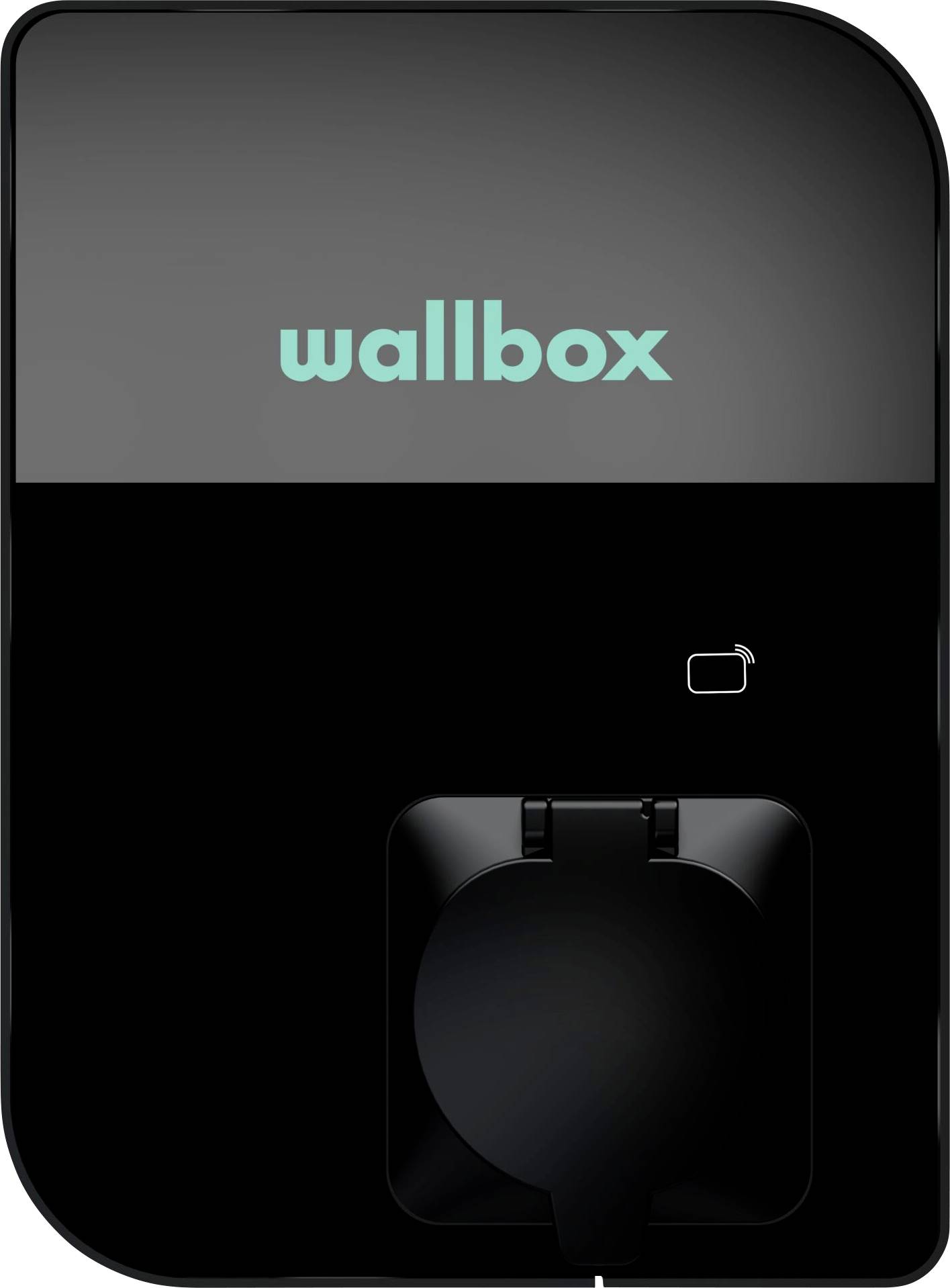 Egy fekete töltő, amelyen a 'wallbox' felirat szerepel. Elektromos járművek részére csatlakozóval rendelkezik, amelyet jellemzően falra szerelnek fel.