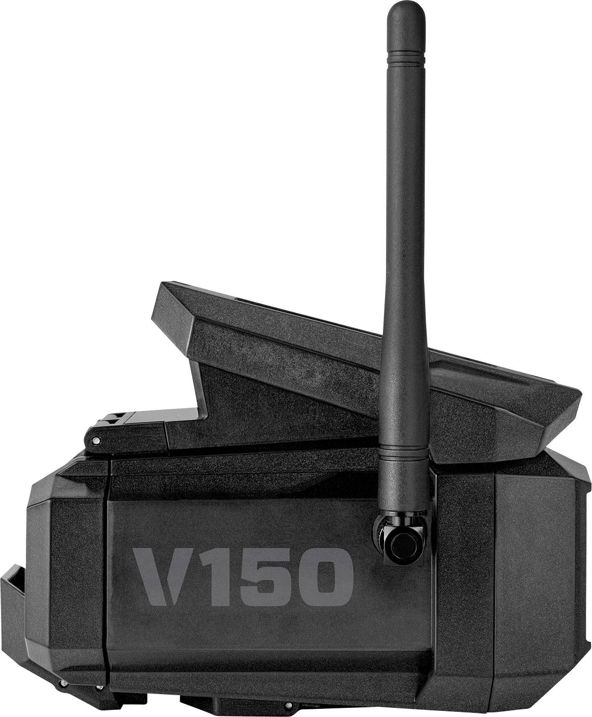 Fekete elektronikus eszköz antennával és "V150" felirattal.