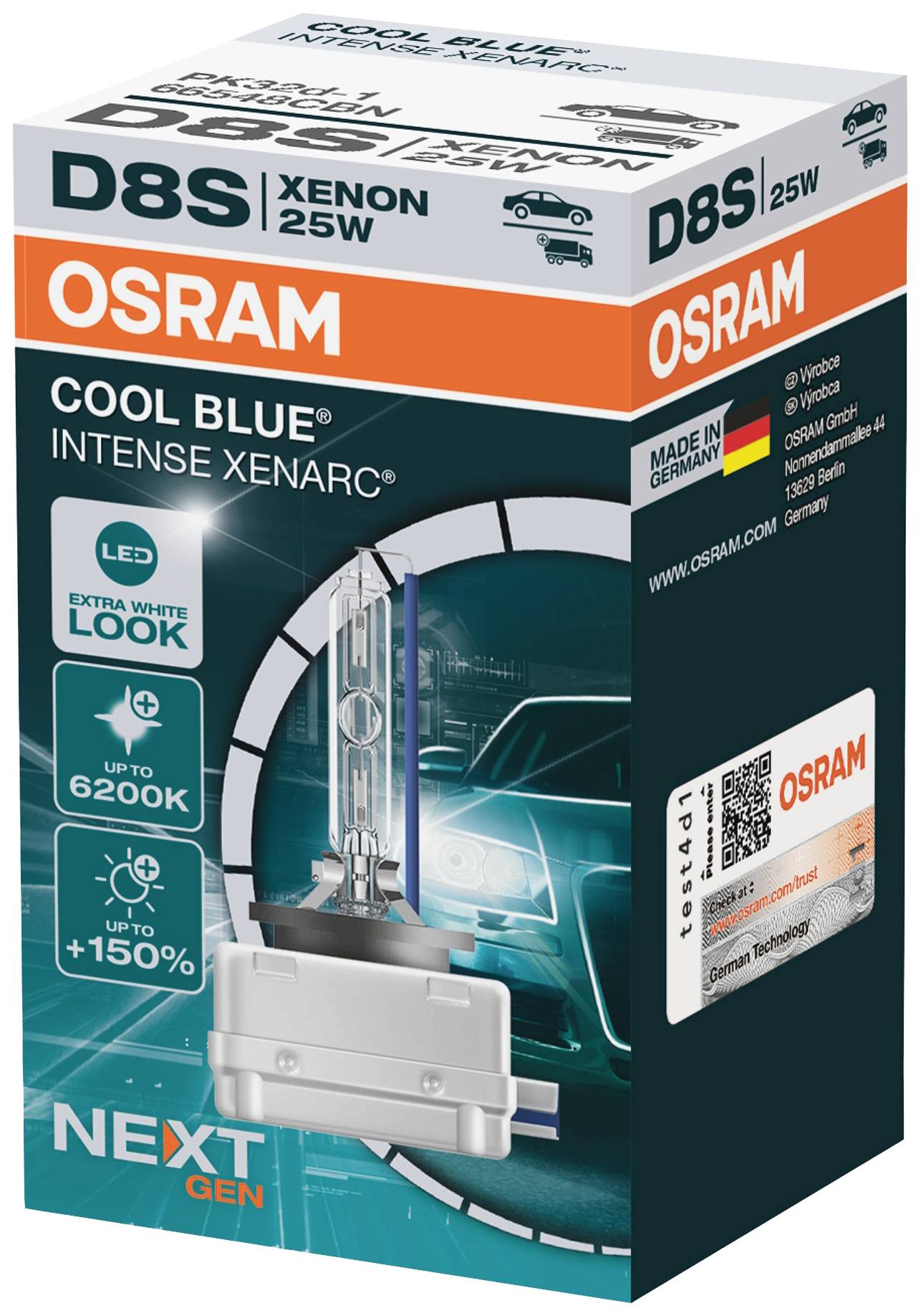 Osram Xenon-autólámpa csomagolása. Szöveg: 'D8S 25W', 'Cool Blue Intense XENARC'. Fényszóró képe autóval a háttérben.