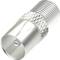 Egy ezüstszínű koaxiális adapter bordázott fogantyúval és sima csatlakozóval, koaxiális kábelek összekötésére alkalmas.
