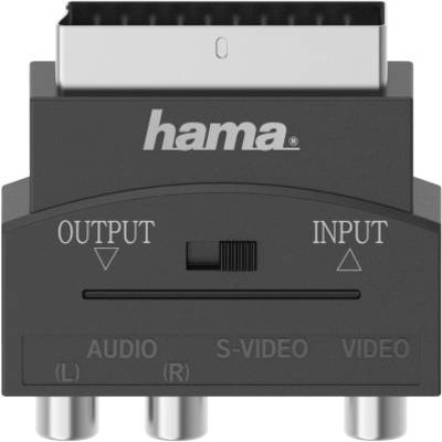 Egy SCART-adapter csatlakozókkal: 'Output' és 'Input' Audio (L, R), S-Video és Video bemenetekkel, Hama márka.