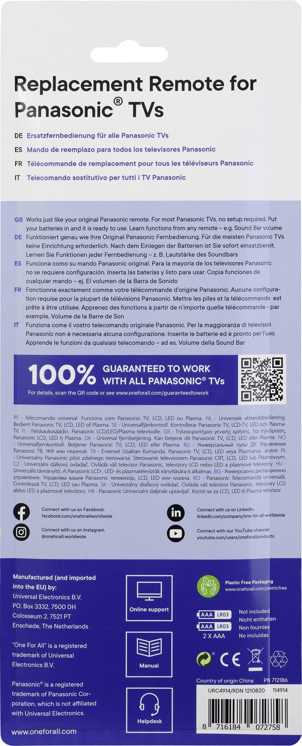 A 'Panasonic televíziókhoz való cseretávirányító' csomagolása több nyelvű útmutatókat, garanciákat, gyártói információkat és QR-kódot tartalmaz.