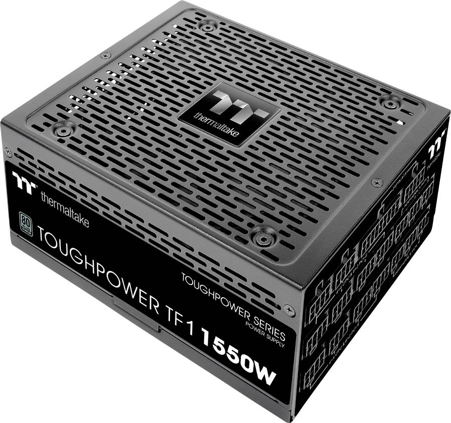 Thermaltake fekete számítógép tápegység szellőzőnyílásokkal és a 'Toughpower TF 1155W' felirattal, a hangsúly az energiahatékonyságon.
