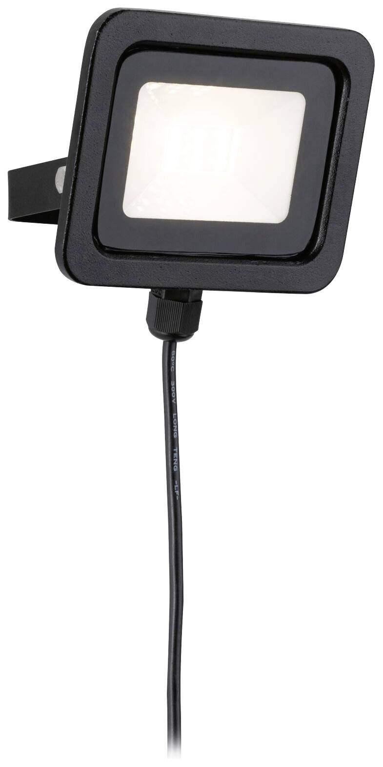 Egy fekete, négyzet alakú LED-lámpa kábellel. Fali szerelésre alkalmas és fehér fényt áraszt.