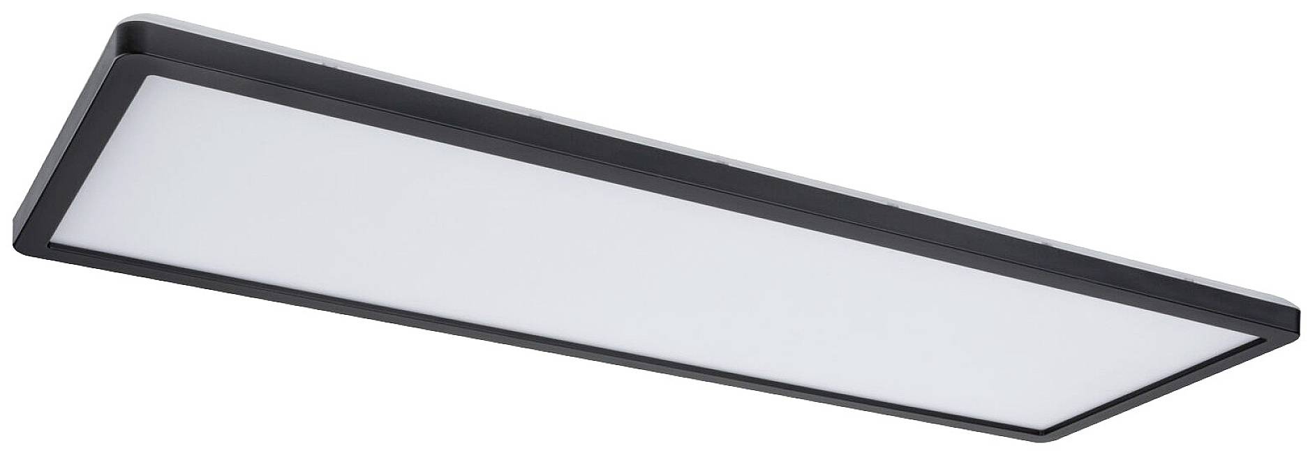 Fekete keretű, fehér felületű téglalap alakú LED mennyezeti lámpa, modern beltéri terekhez tervezve.