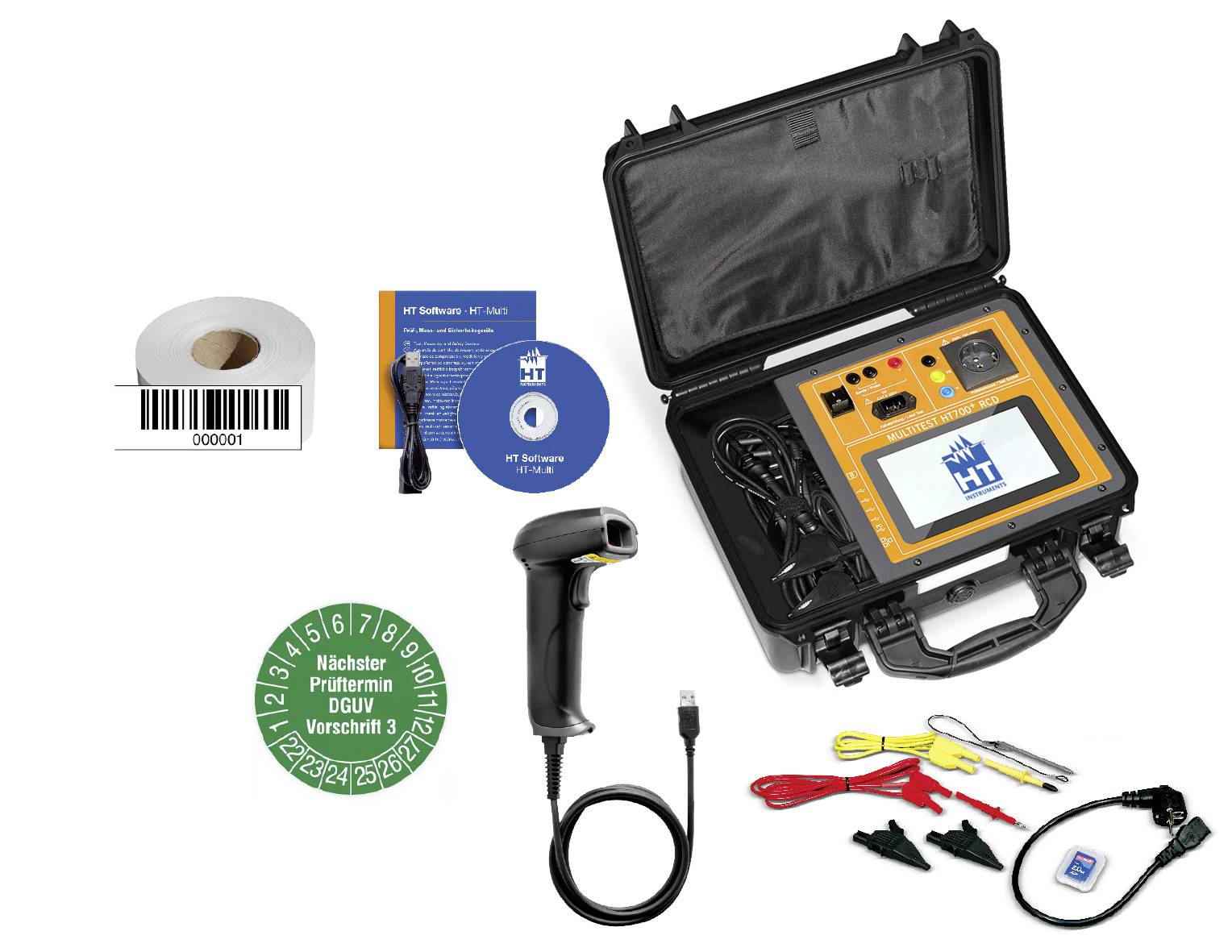 Fekete koffer vizsgálókészülékkel, kezelési útmutatóval, kábelekkel, vonalkód-leolvasóval és ellenőrző matricákkal, elektromos biztonsági vizsgálathoz.