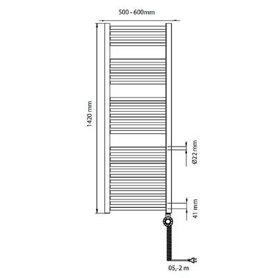 Radiátor diagramja méretekkel: magasság 1420 mm, szélesség 500-600 mm, csövek 22 mm átmérővel, faltávolság 41 mm.