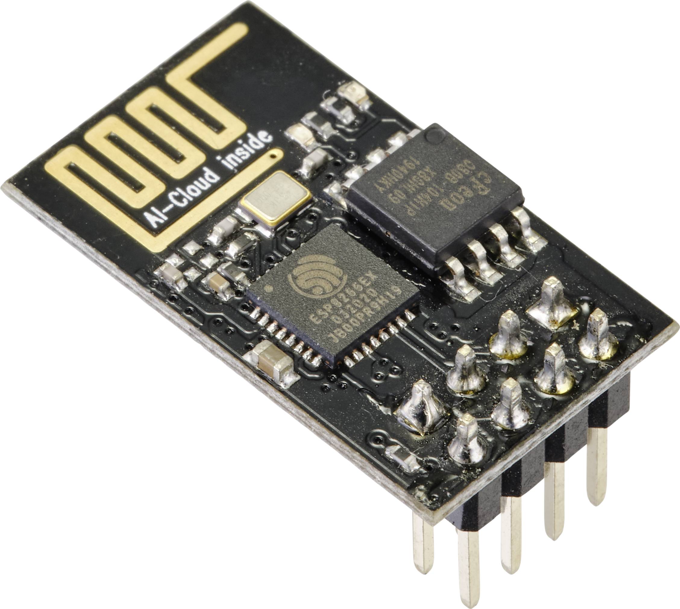 Egy ESP8266 WiFi-modul, téglalap alakú antennával és csatlakozókkal az egyik oldalán, vezeték nélküli kommunikációra szolgál IoT-projektekben.