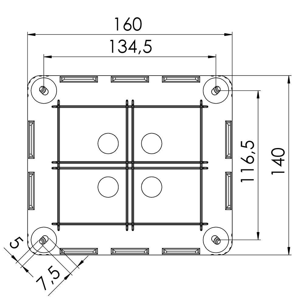 Műszaki rajz egy négyzetes objektumról méretekkel: 160 mm szélesség, 140 mm magasság, több vonal és kör ábrázolása.