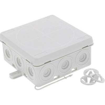 Fehér kábelelosztó doboz több kerek kábelbevezető nyílással és levehető fedéllel, elektromos szerelésekhez alkalmas.