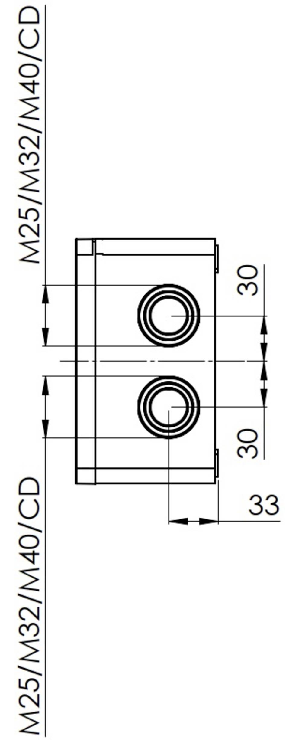 Műszaki rajz egy téglalap alakú alkatrészről két szimmetrikus, kör alakú nyílással. Méret: 30x33 mm. Felirat: 'M25/M32/M40/CD'.