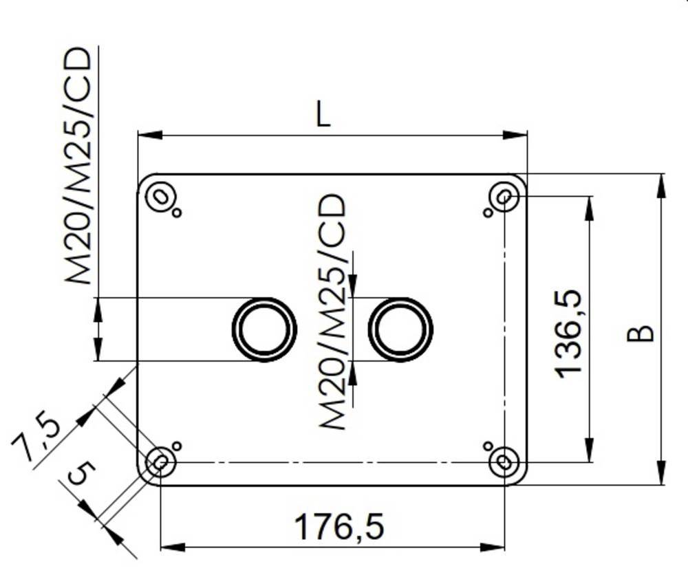 Műszaki rajz egy téglalap alakú dobozról, méretei 176,5 mm x 136,5 mm, két lyukkal, 'M20/M25/CD' felirattal ellátva.