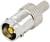 Egy recézett fogantyúval rendelkező ezüstös koaxiális csatlakozó, központi arany érintkezővel és külső menettel, kábelcsatlakozáshoz.