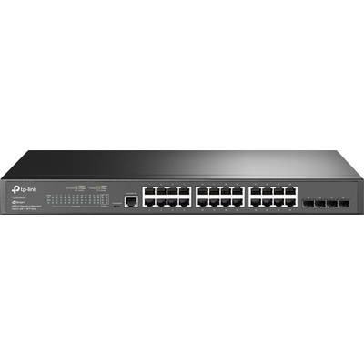 Egy 24 Ethernet-porttal és 4 SFP-porttal rendelkező hálózati switch, amely alkalmas adatfolyamok kezelésére egy helyi hálózatban (LAN).