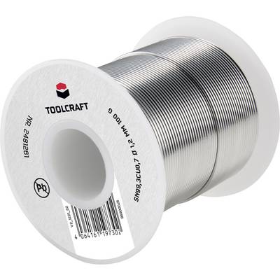 Egy Toolcraft márkájú forrasztóhuzal tekercs, 24491261-es cikkszámmal, amelyen az ezüstös dróttekercs és a márkalogó látható az oldalán.