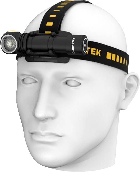 Egy fehér modellfej fekete fejlámpát visel narancssárga csíkokkal és az 'Etek' felirattal.
