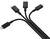 Fekete, négy csatlakozóval rendelkező többfunkciós töltőkábel, amelyek között USB-C és Lightning is található, fehér háttér előtt. Alkalmas különböző eszközök töltéséhez.