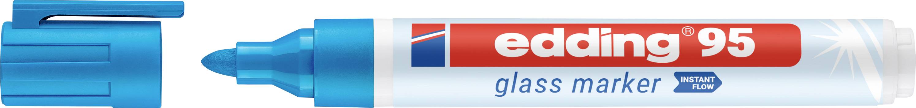 Kék Edding 95 üvegtoll, bal oldalon a sapka és jobboldalt a feliratozott henger.