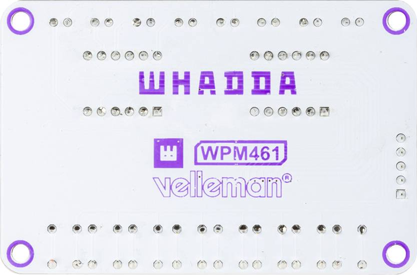Kis fehér elektronikai lap lila 'WHADDA' és 'veleman' felirattal, 'WPM461' modelljelöléssel, forrasztási pontokkal körülvéve.