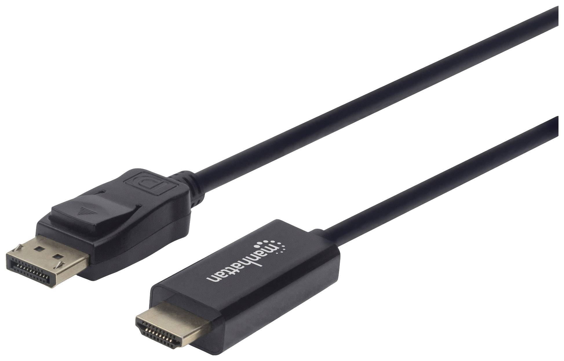 Egy fekete kábel, amelynek bal oldalán egy DisplayPort-csatlakozó, jobb oldalán pedig egy HDMI-csatlakozó van.