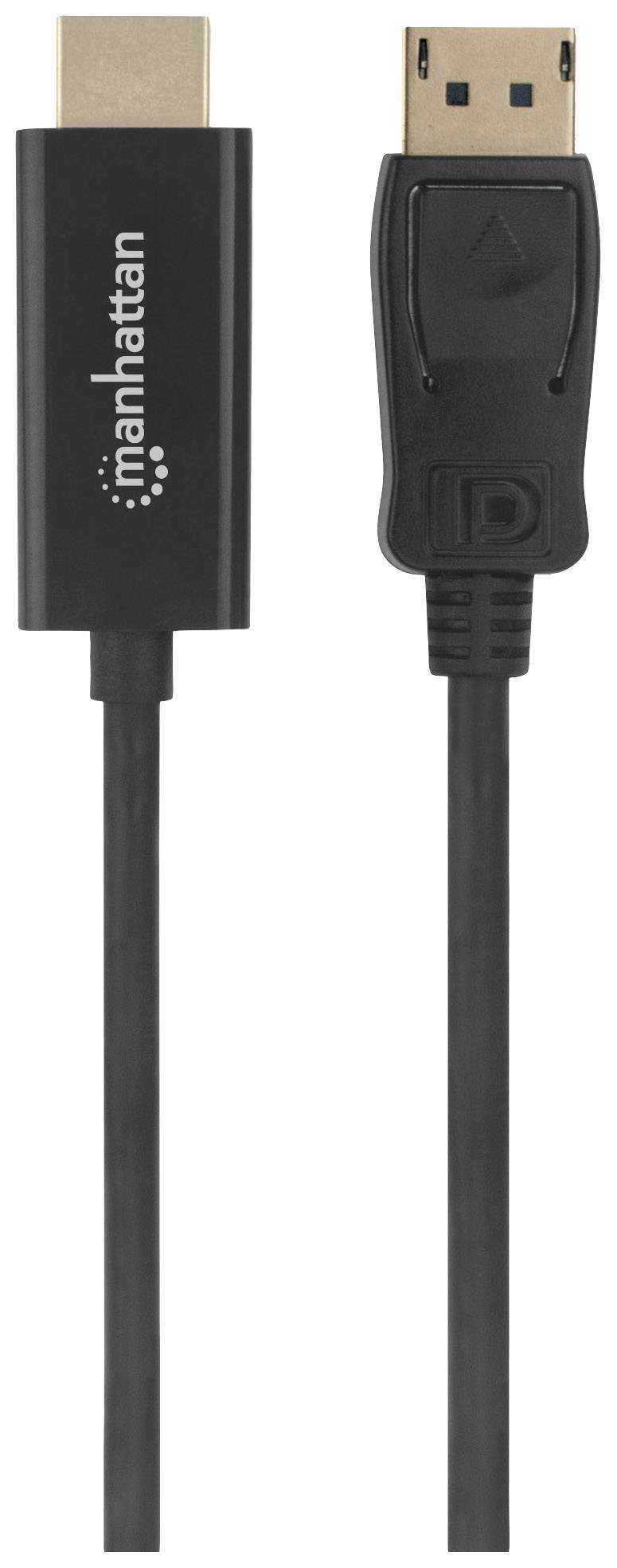 'Manhattan HDMI-DisplayPort kábel'; fekete kábel HDMI-csatlakozóval balra és DisplayPort-csatlakozóval jobbra.