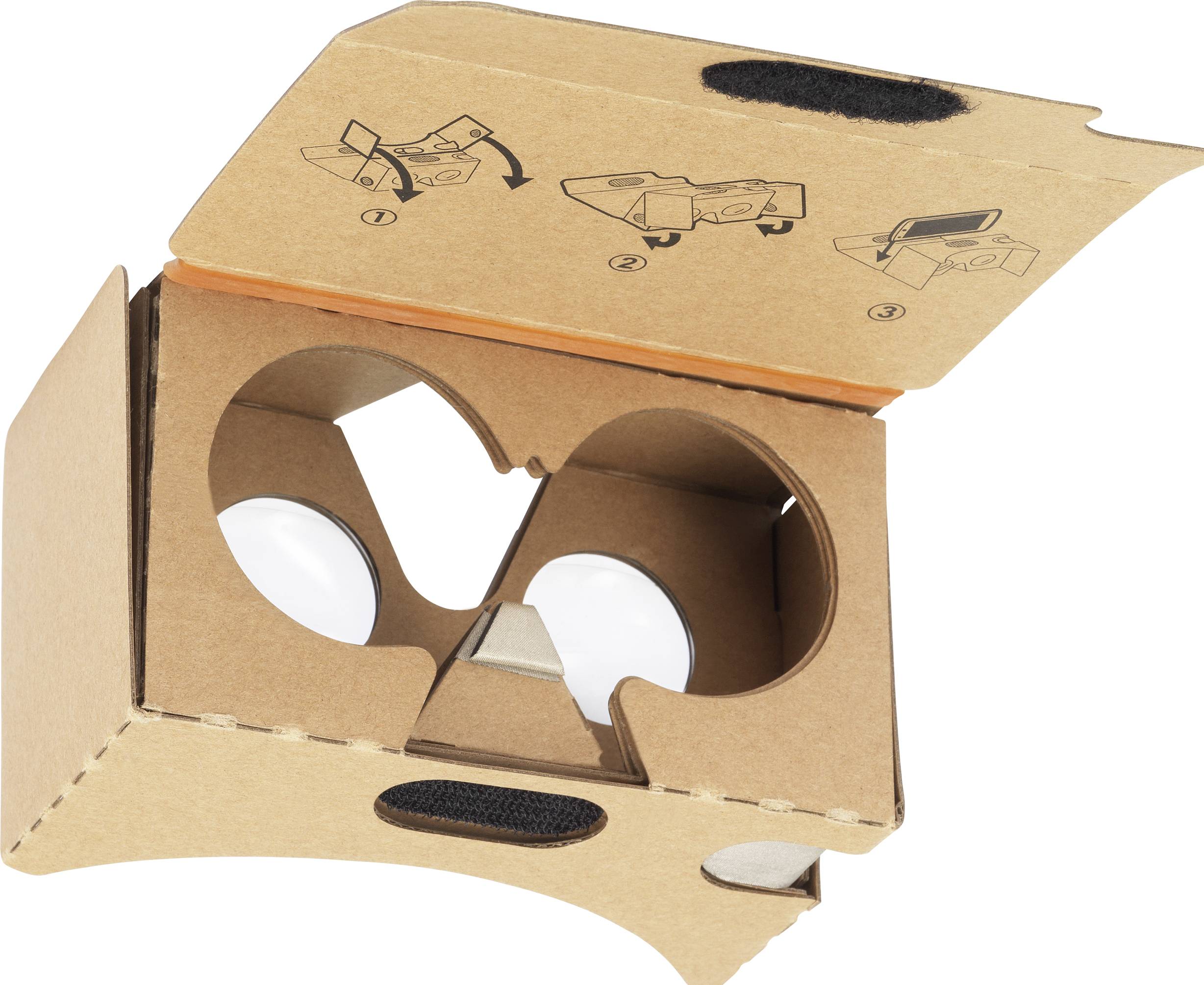 Karton-Brille virtuális valósághoz két lencsével; összeszerelési útmutató a fedél belső oldalán.