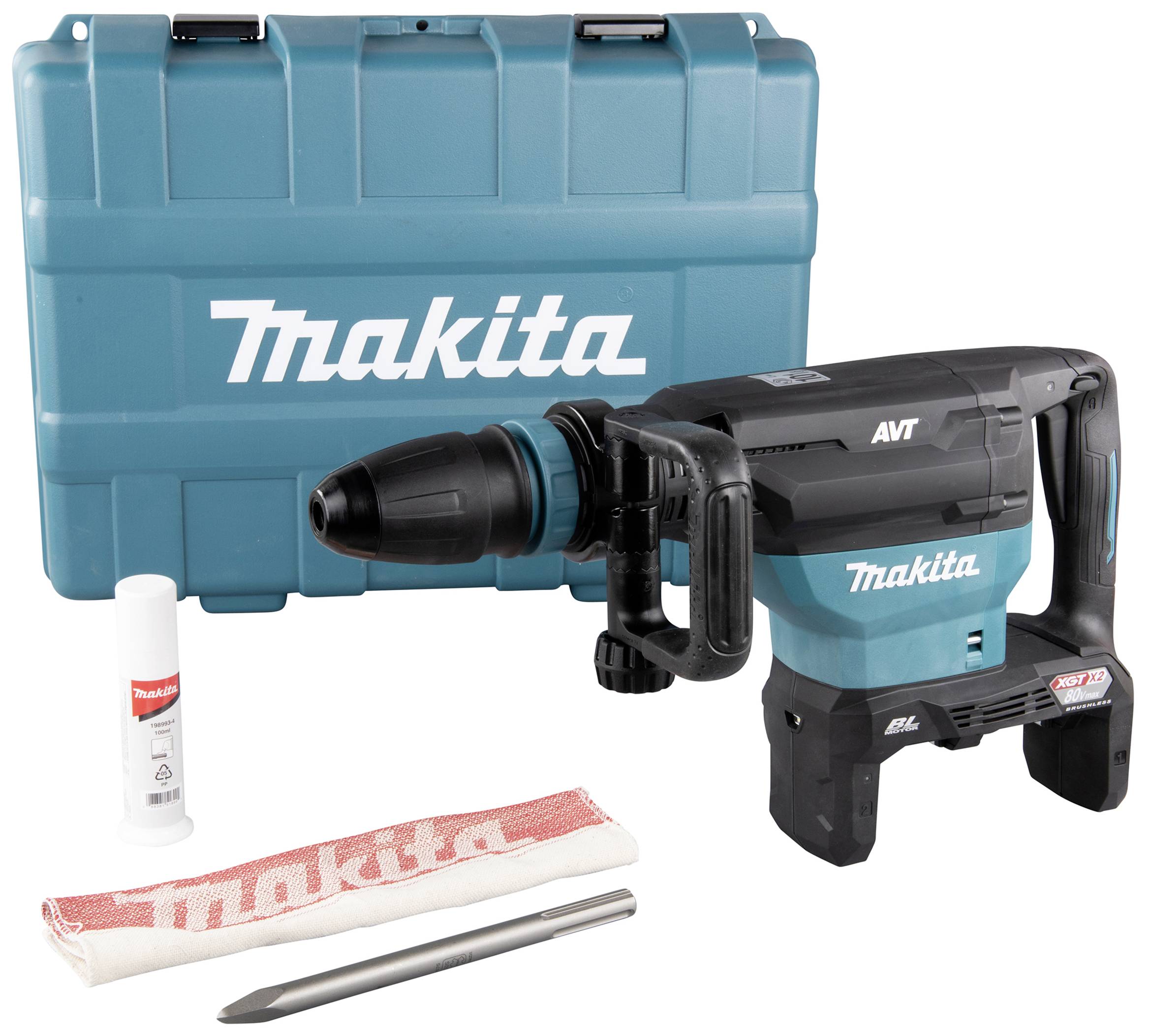 Egy kék Makita ütvefúró, tartozékokkal, kenőanyaggal, törlőkendővel és illő hordtáskával. Alkalmas építkezési munkálatokhoz.