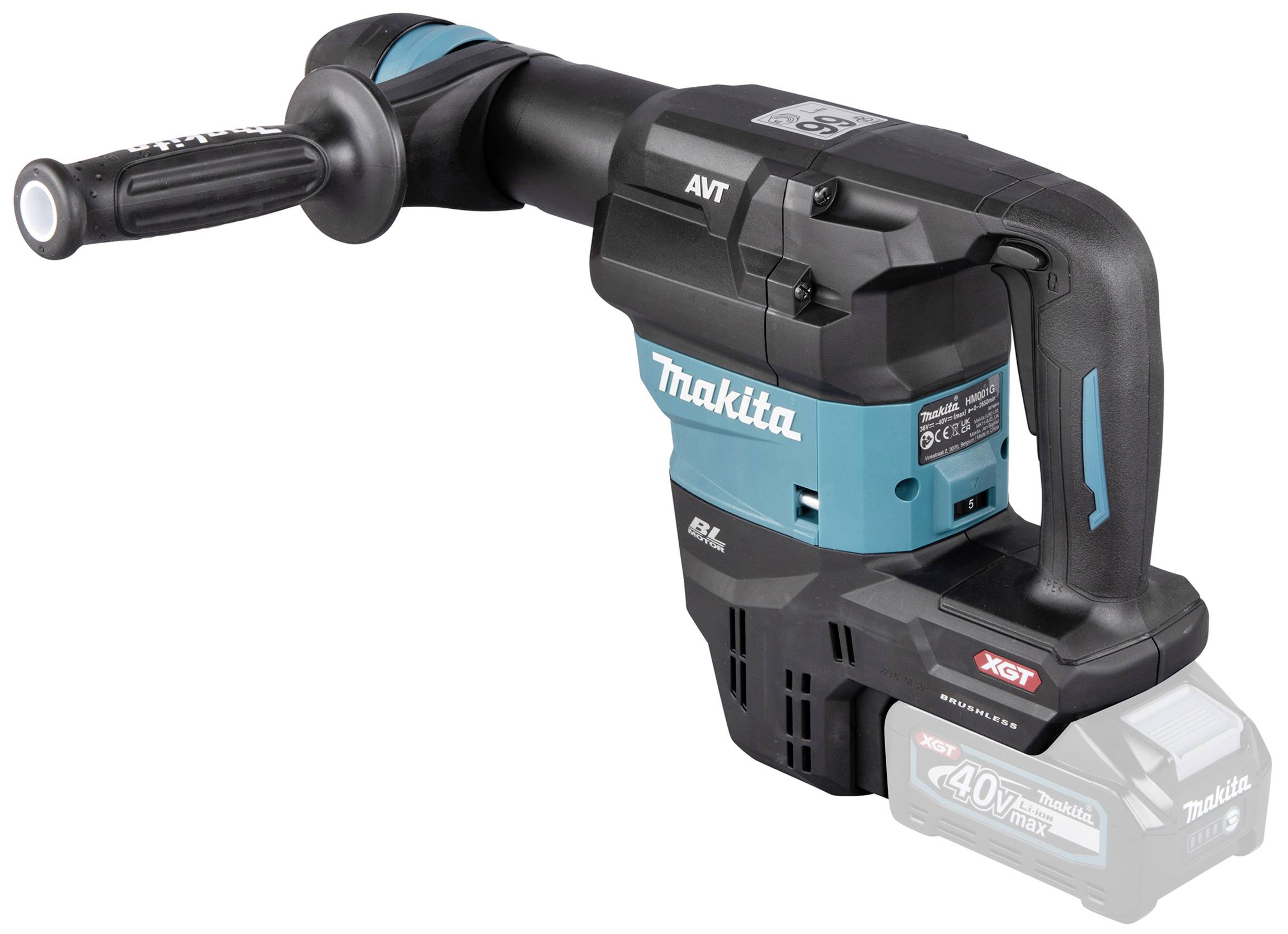 Makita márkájú fekete és kék akkumulátoros fúrókalapács. Precíz irányítást lehetővé tevő fogantyúval, nehéz fúrási munkákhoz alkalmas.
