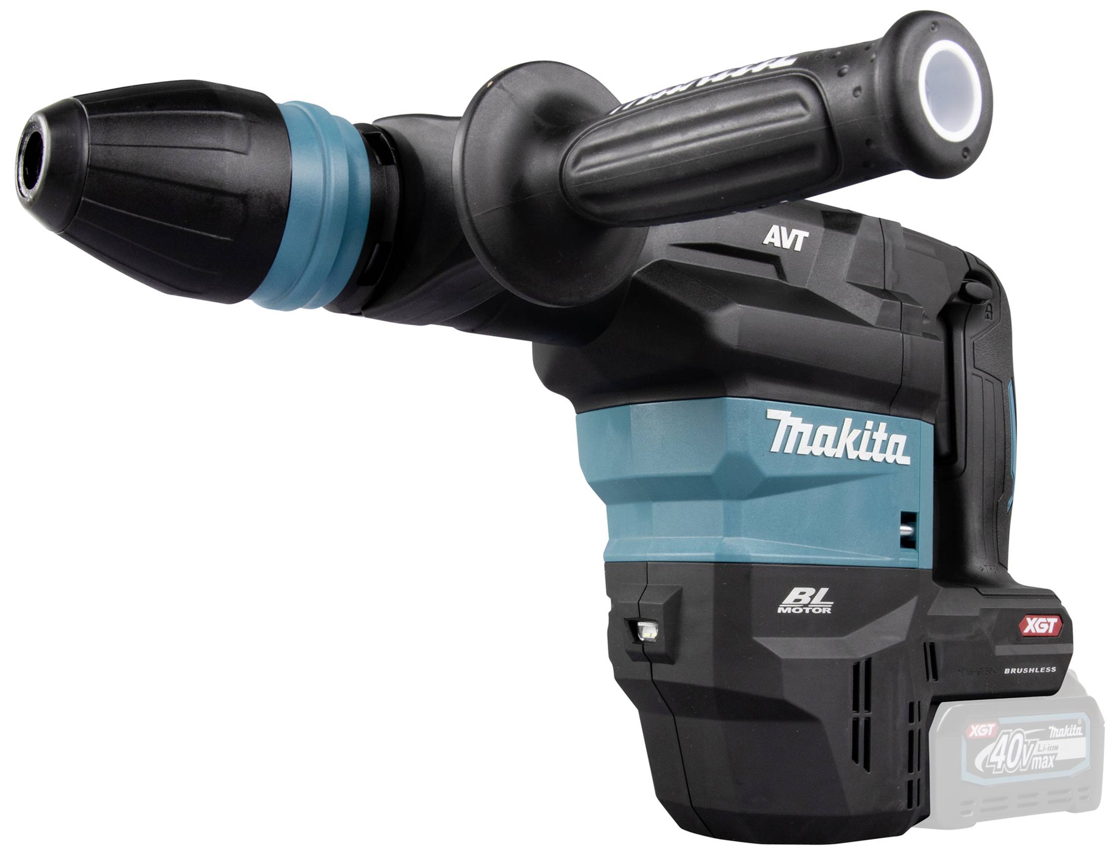 Egy kék és fekete Makita típusú elektromos fúrókalapács ergonomikus fogantyúval, alkalmas nehéz építőipari munkákhoz.