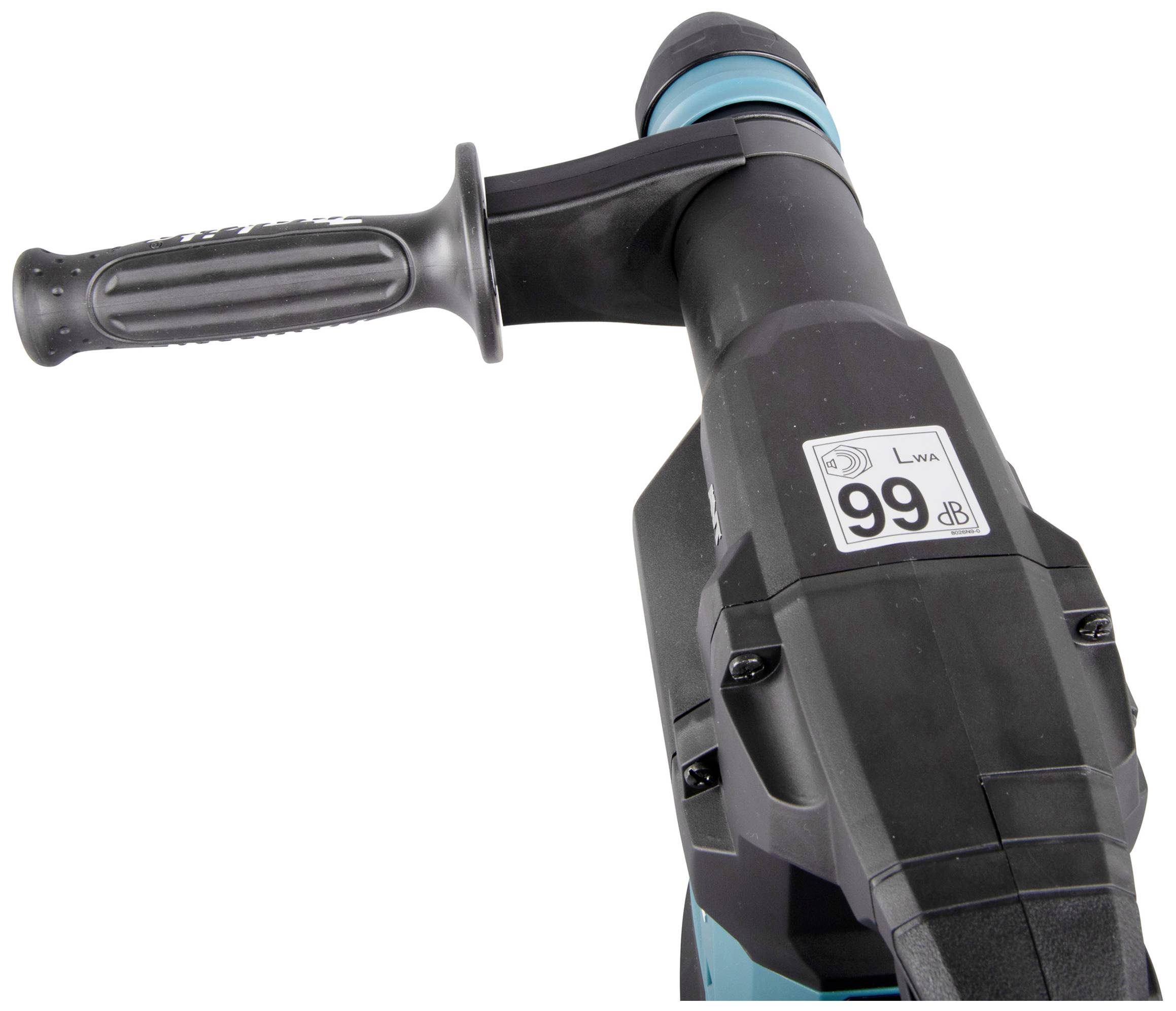 Egy elektromos szerszám fogantyúja, amely 99 dB-es hangerő-figyelmeztetéssel rendelkezik. A kialakítás funkcionális és ergonomikus.