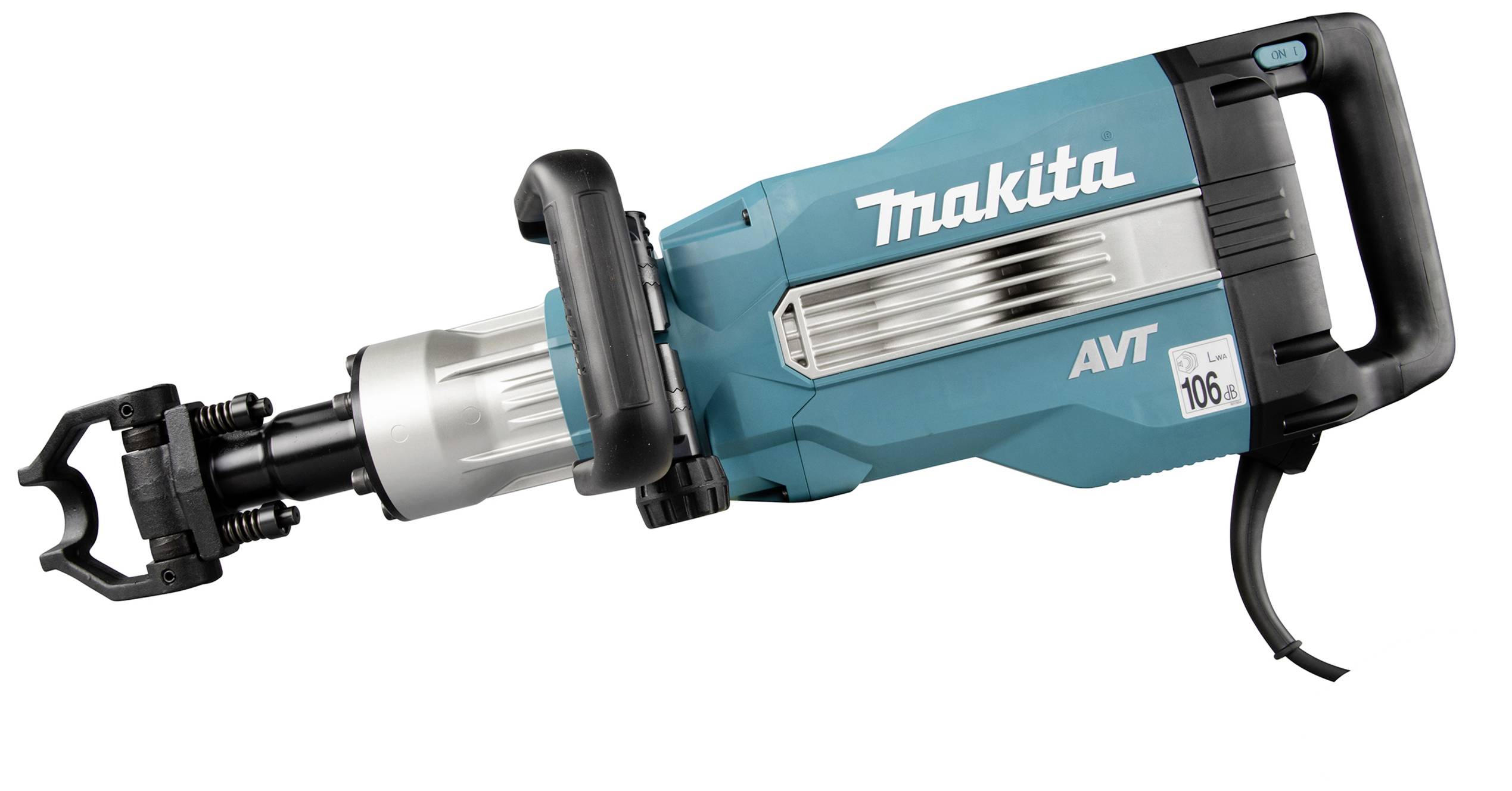 Egy türkizkék Makita bontókalapács fekete markolattal és szürke részletekkel fekszik vízszintesen. A modelljelölés 'AVT' jól láthatóan olvasható.