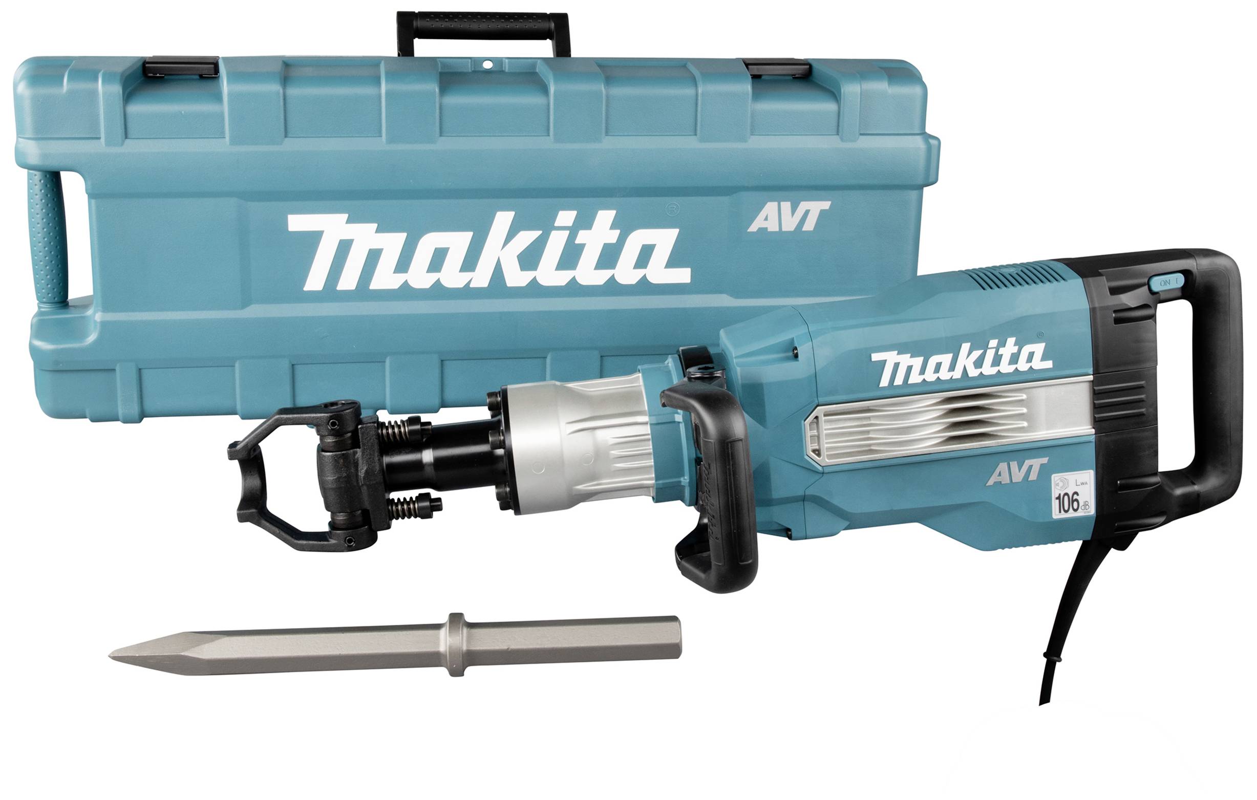 Kék házas elektromos bontókalapács, 'Makita' márka, illeszkedő szállítótáskával és véső tartozékkal.