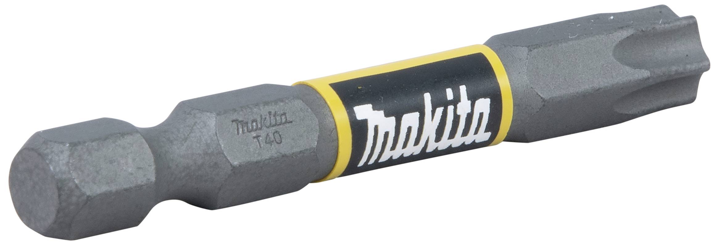 Egy Makita csavarhúzóbit, T-40-es típus, hatszögletű befogással és sárga feliratozással, átlósan helyezkedik el a képen.