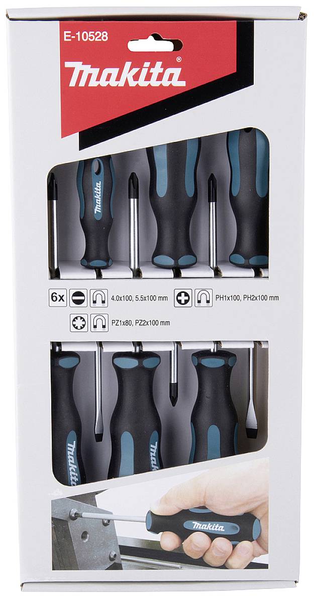 A Makita márkájú csavarhúzó-készlet csomagolása, amely hat különböző csavarhúzót tartalmaz. A csomagolás méret- és típusmegjelöléseket is feltüntet.