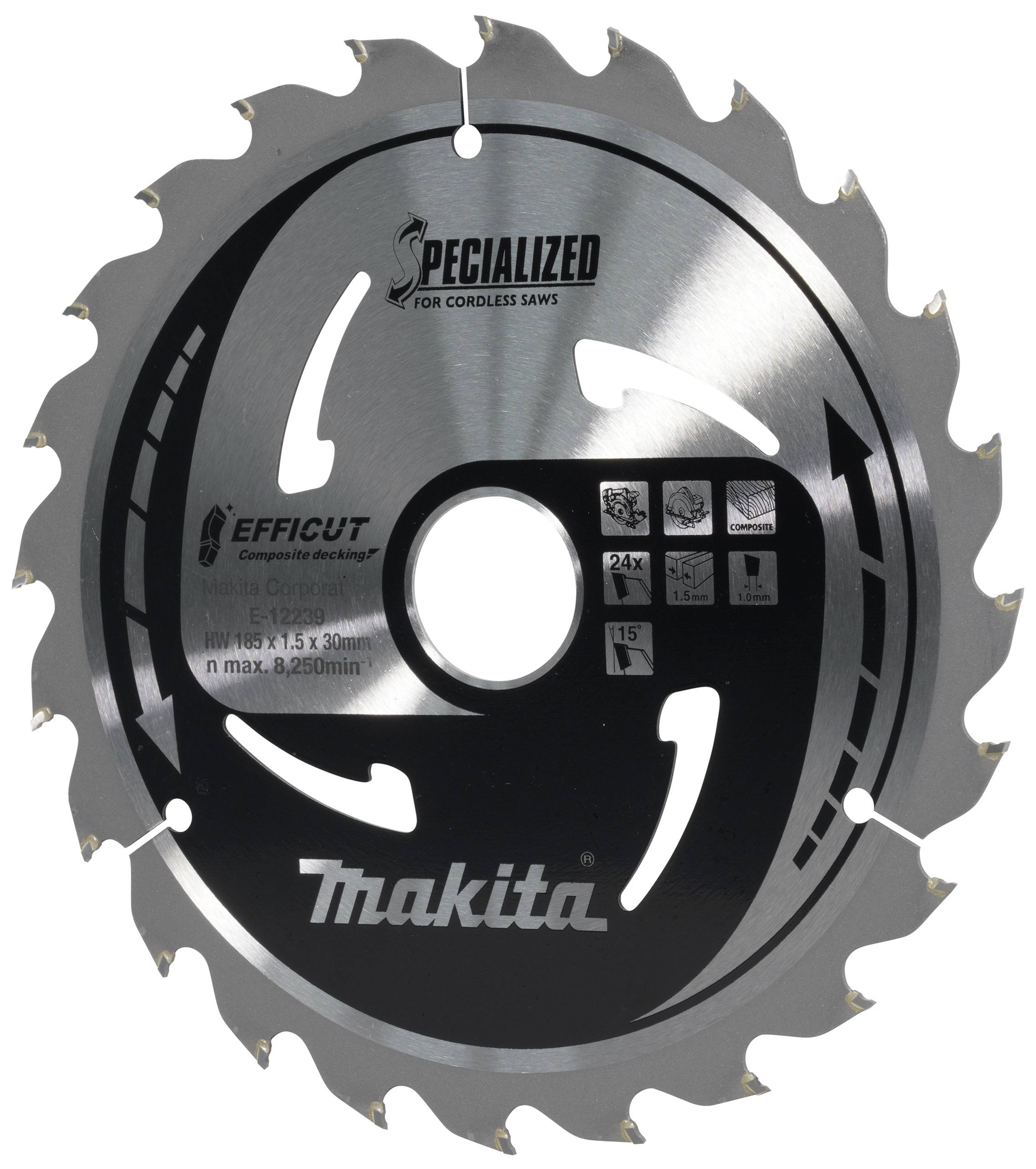 Makita körfűrészlap 'Makita' és 'Vezeték nélküli fűrészekhez specializálva' felirattal. Alkalmas faanyag vágására, 24 foggal, 165 mm átmérőjű.