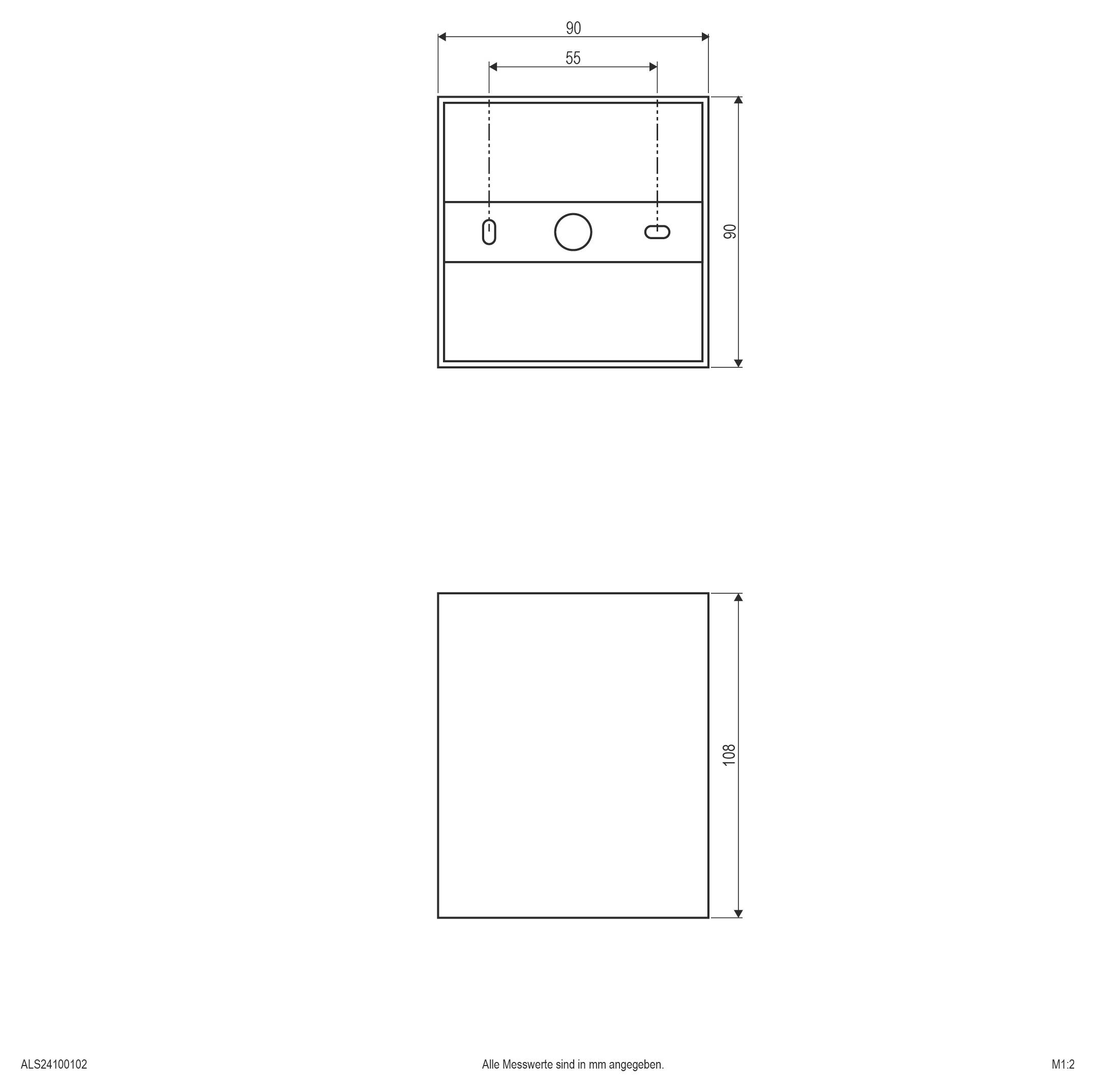 Egy téglalap alakú egység műszaki rajza, elölnézet és oldalnézet 90 x 90 és 55 széles méretekkel, három elölnézeti nyílással, valamint egy megjegyzéssel, hogy az összes mérés mm-ben van megadva.