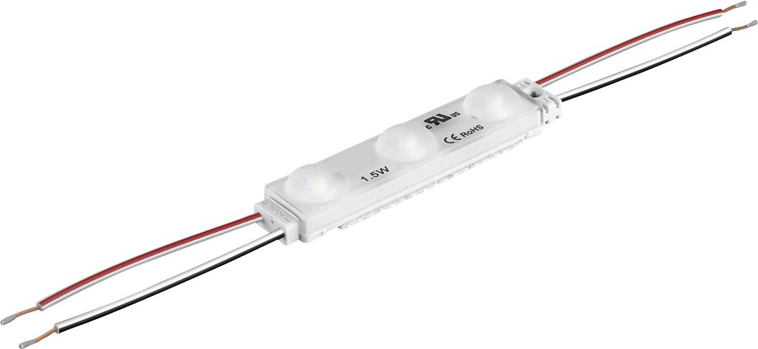 Fehér LED modul két csatolt vezetékkel, egyszerű háttéren megjelenítve.